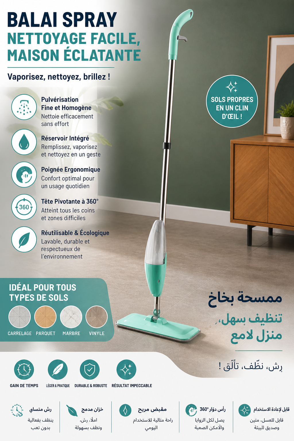 Fabro Balai Spray Mop avec Réservoir Intégré