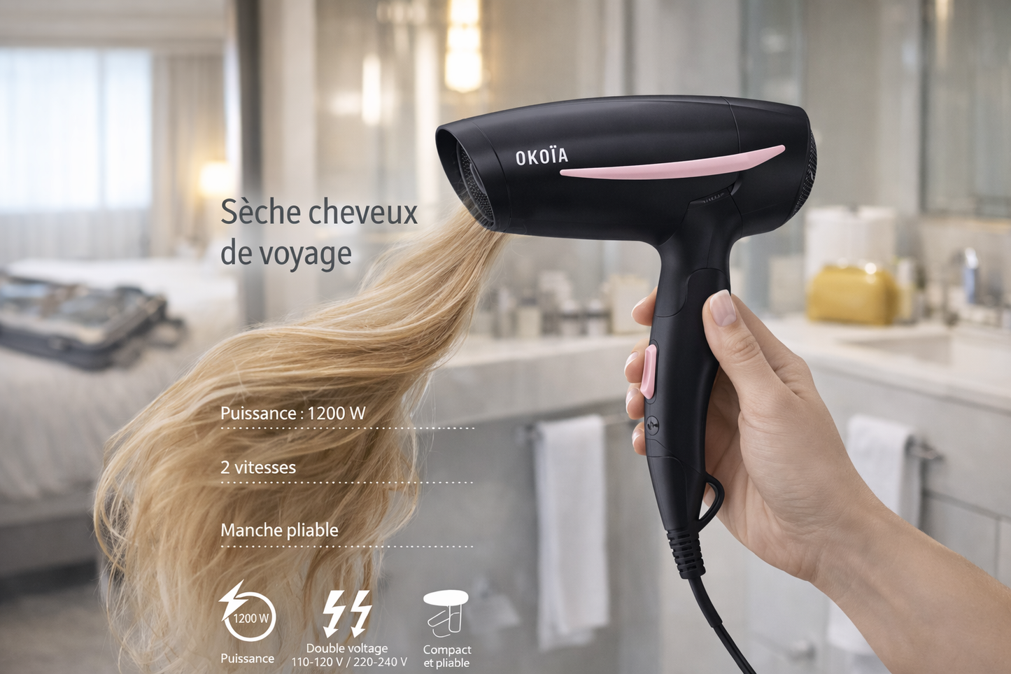 Sèche-Cheveux de Voyage OKOIA 1200W – Double Voltage