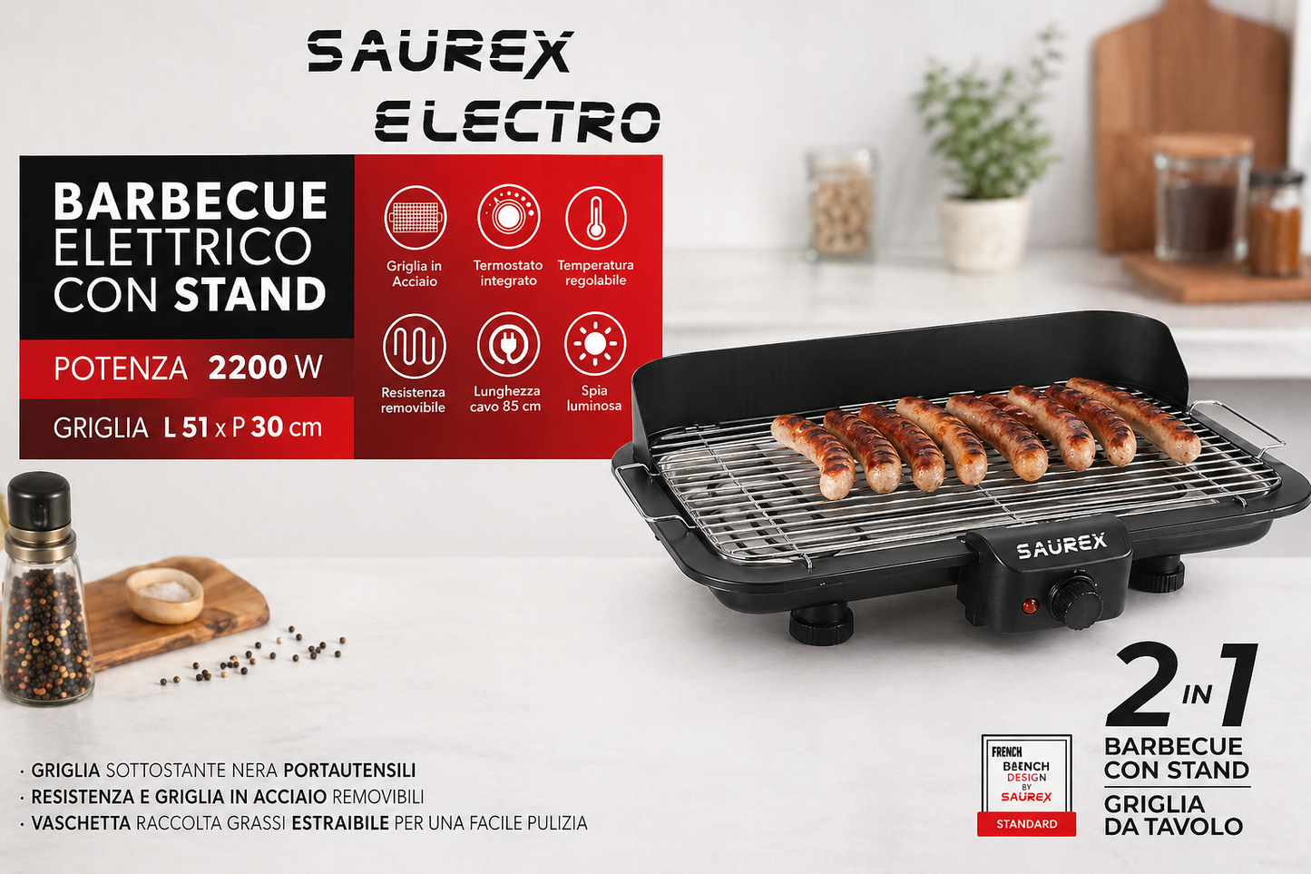 Grill Électrique SAÜREX 2-en-1 avec Support –شواية كهربائية