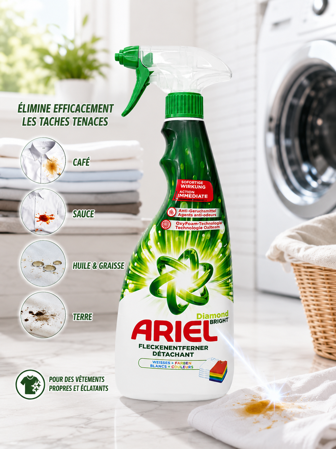 Ariel Diamond Bright Spray Détachant – Action Rapide Anti-Taches & Anti-Odeurs