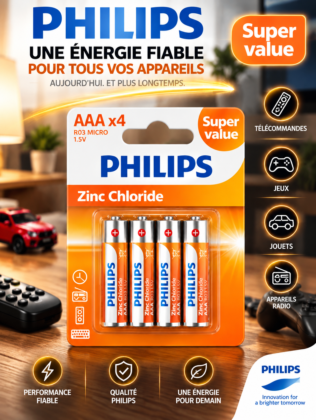 Philips Zinc Chloride AAA R03 – Piles 1,5V – Pack de 4pcs