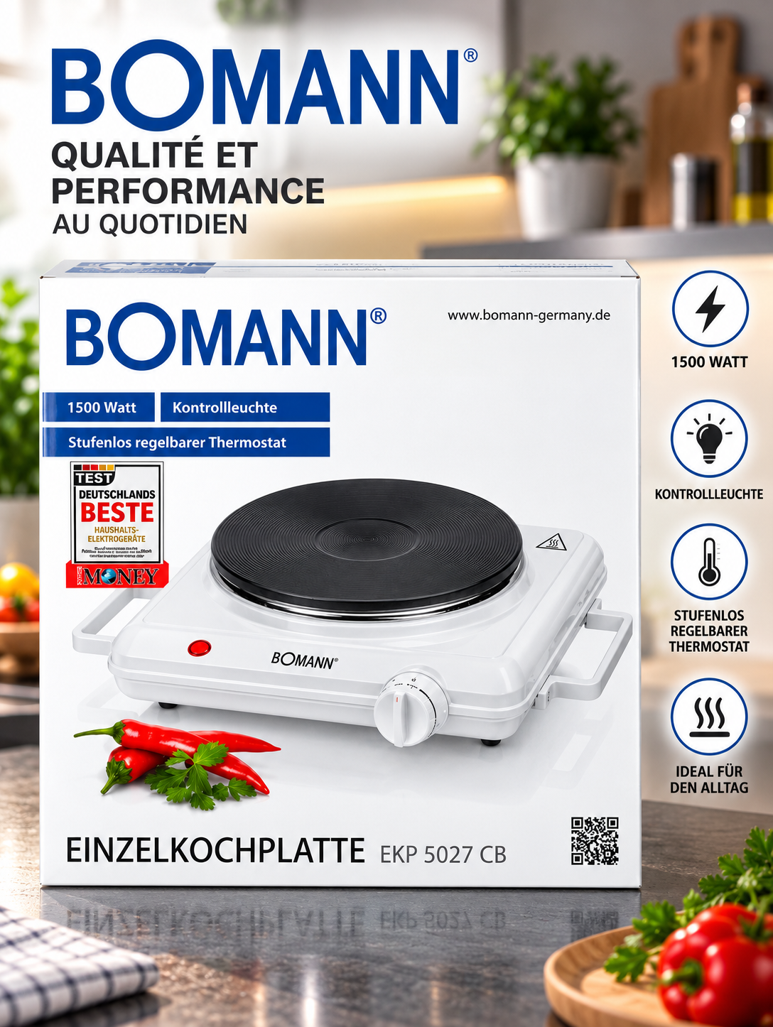 Bomann EKP 5027 CB – Plaque de Cuisson Électrique chauffante 1500W