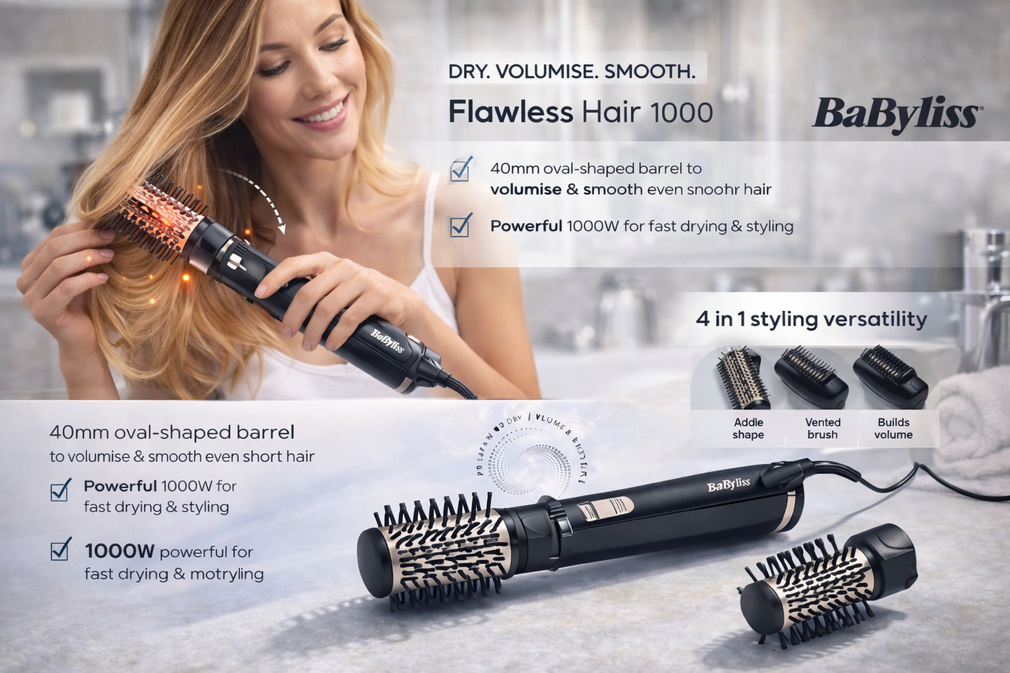 BaByliss - AS128E - Brosse soufflante Flawless Hair 1000W