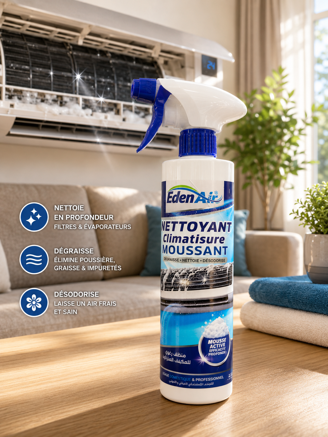 Eden Air – Dégraisse Nettoyant Moussant pour Climatiseur, Nettoie & Désodorise