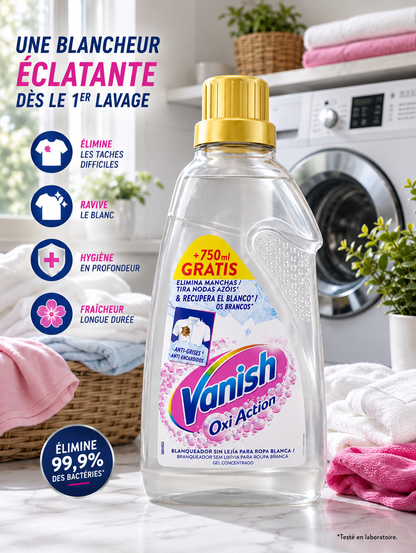Vanish Oxi Action Blanc Gel Concentré – Détachant & Raviveur de Blanc 1500ML