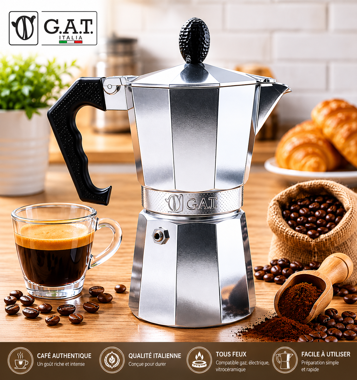 GAT Moka Express Cafetière en Aluminium Italienne