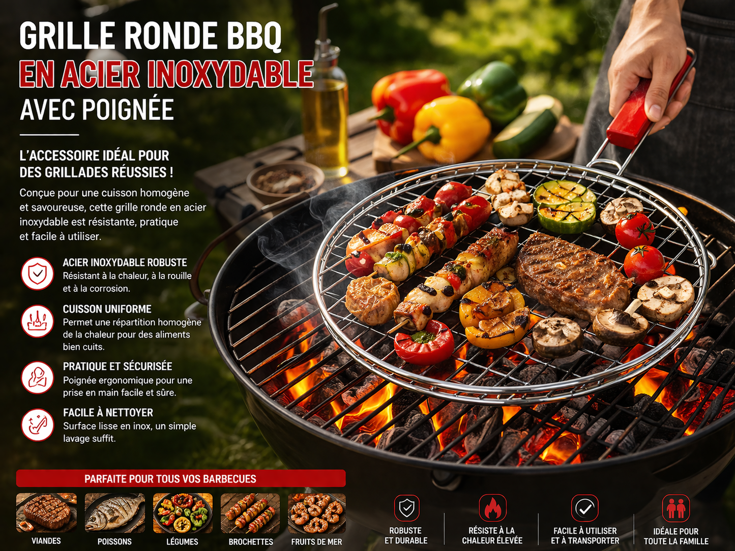 Grille BBQ Ronde en Acier Inoxydable avec Poignée