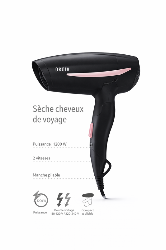 Sèche-Cheveux de Voyage OKOIA 1200W – Double Voltage