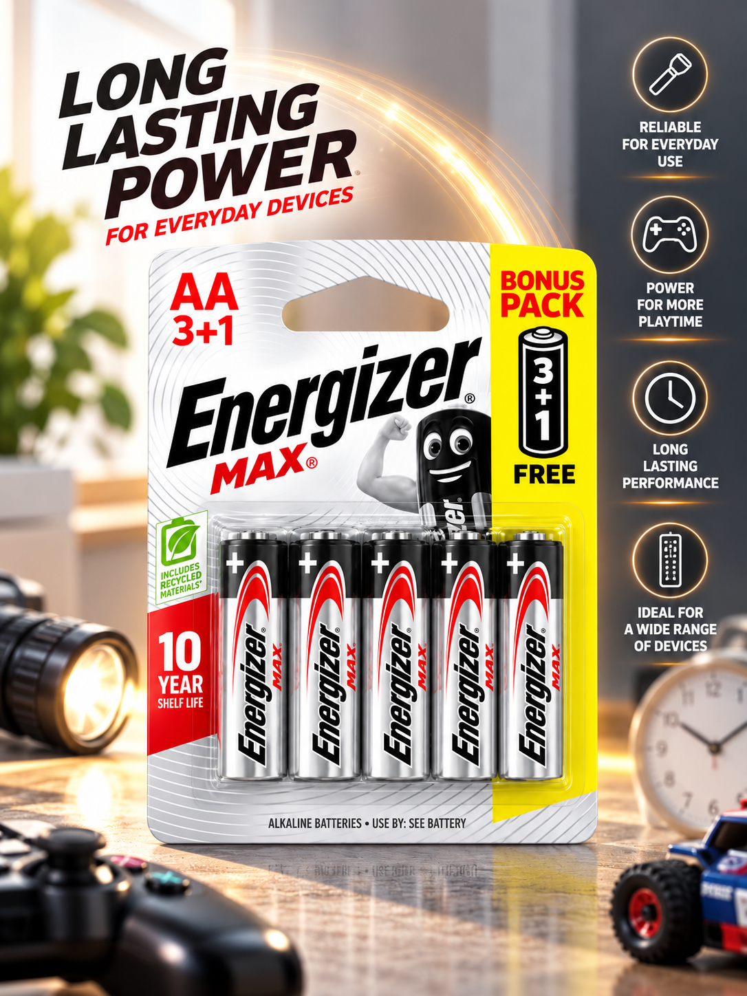 Energizer MAX AA 1,5V  Pile Alcaline – Pack Bonus 3+1
