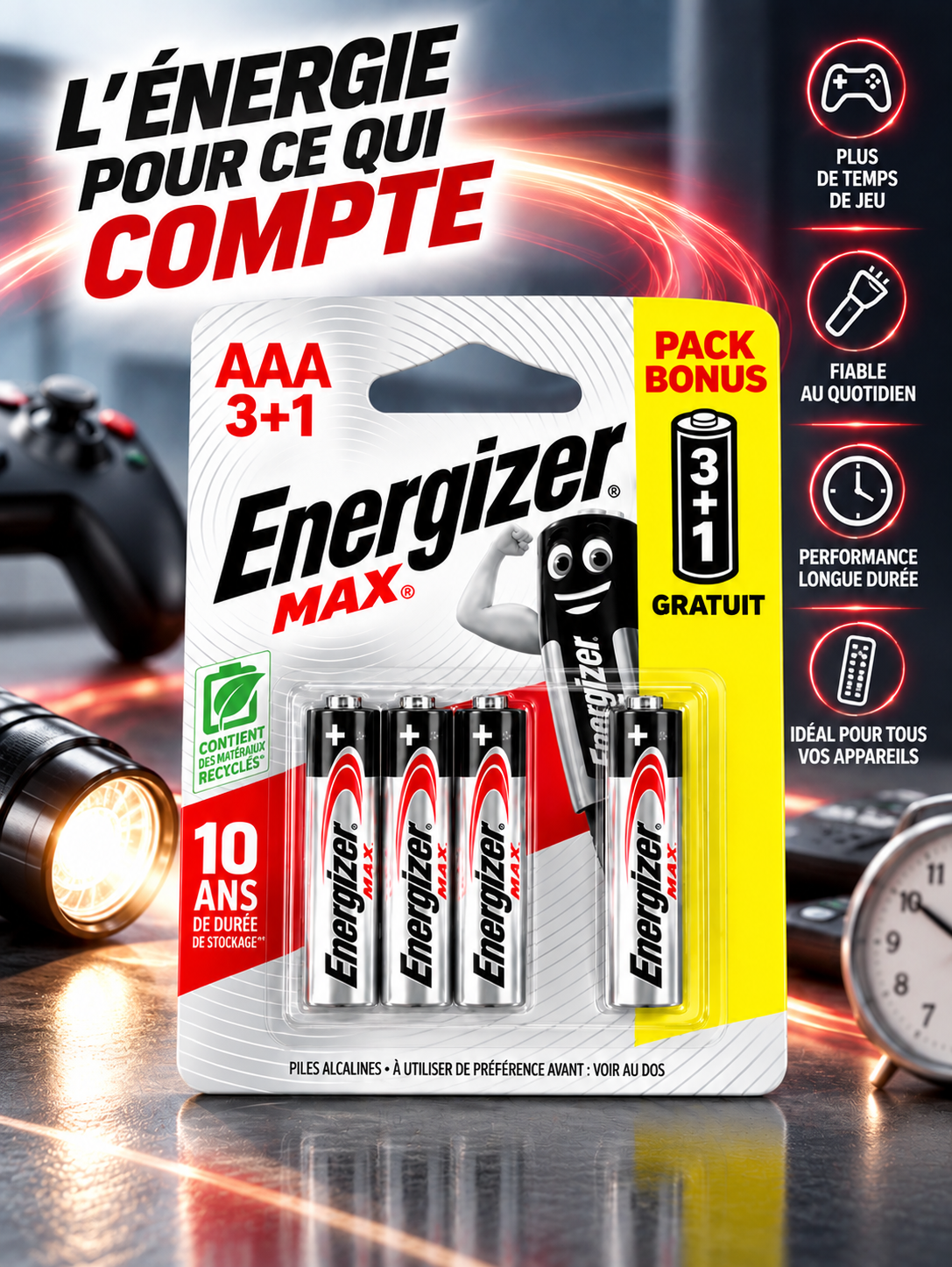 Energizer MAX AAA 1,5V Pile Alcaline– Pack Bonus 3+1