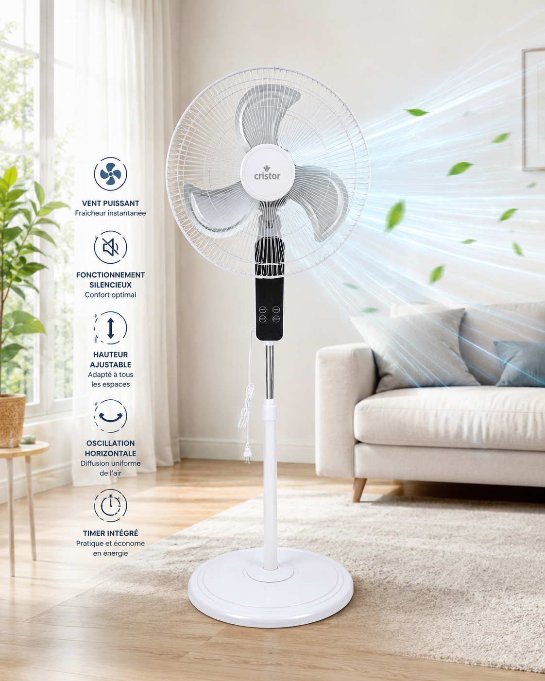 Ventilateur Cristor sur pied 45cm Silencieux avec Télécommande