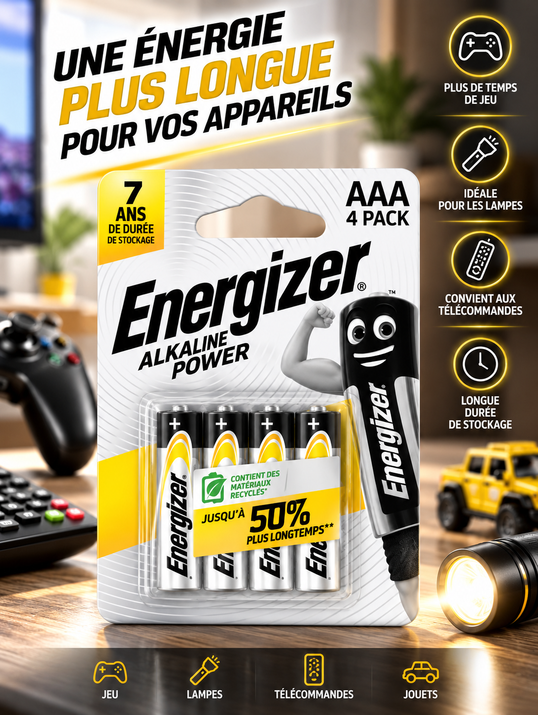 Energizer Alkaline Power AAA 1,5V – Pack de 4 Piles Alcalines