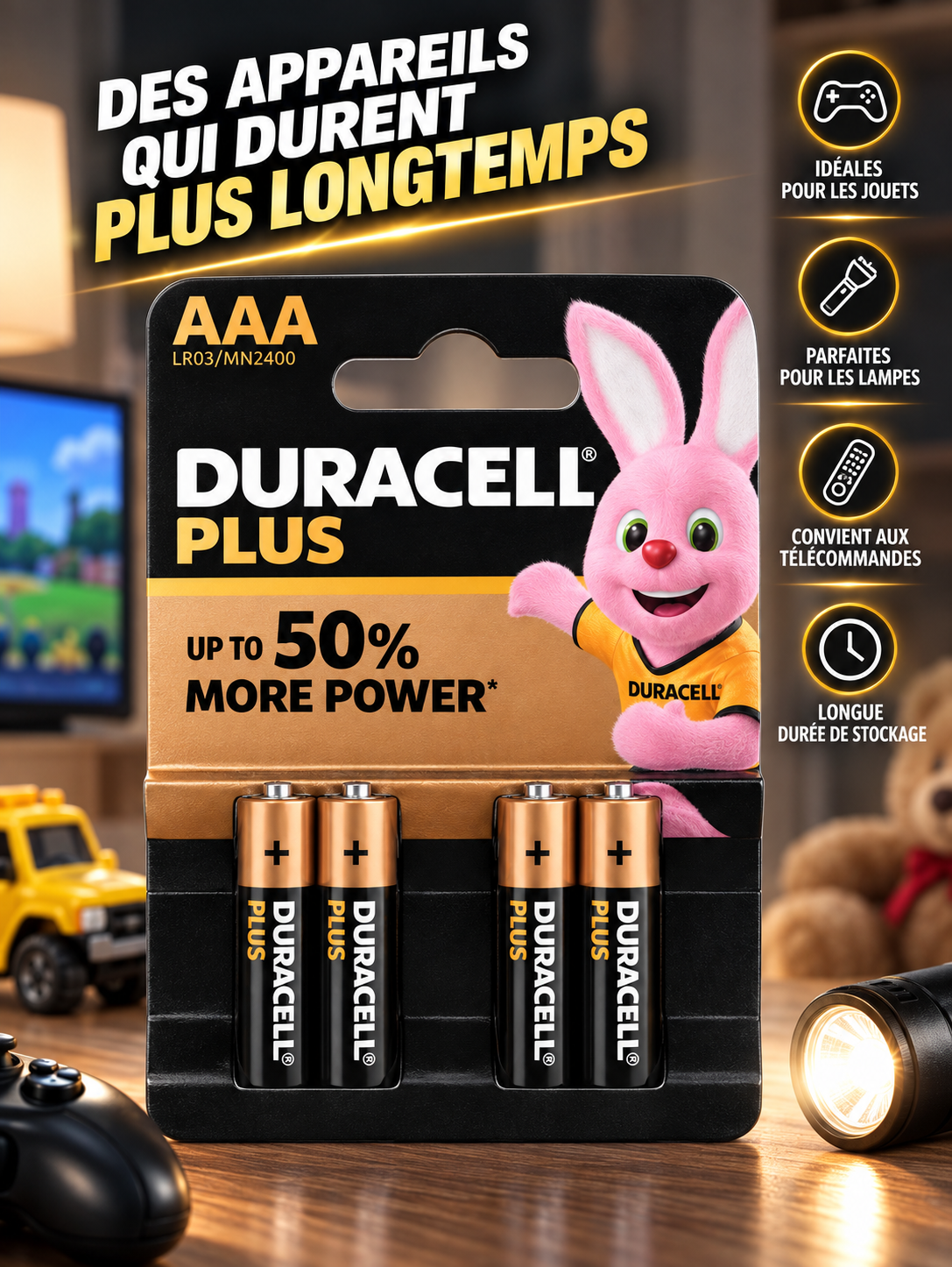 Duracell Plus AAA 1,5V – Pack de 4 Piles Alcalines