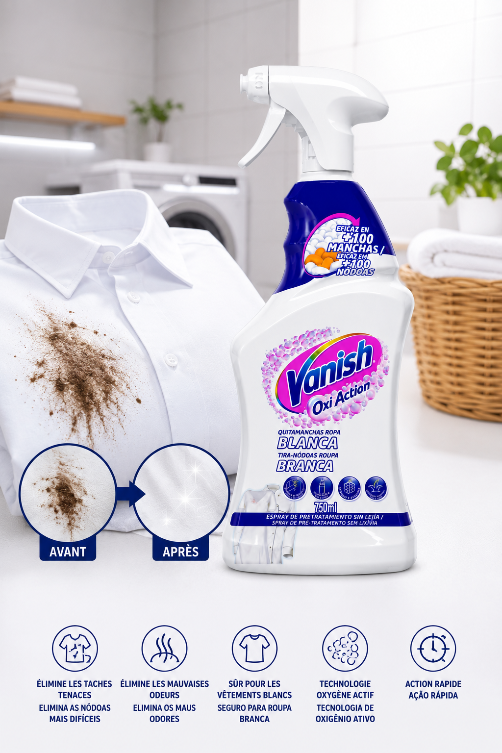Vanish Oxi Action Blanc  Détachant pour Vêtements Blancs 750 ml