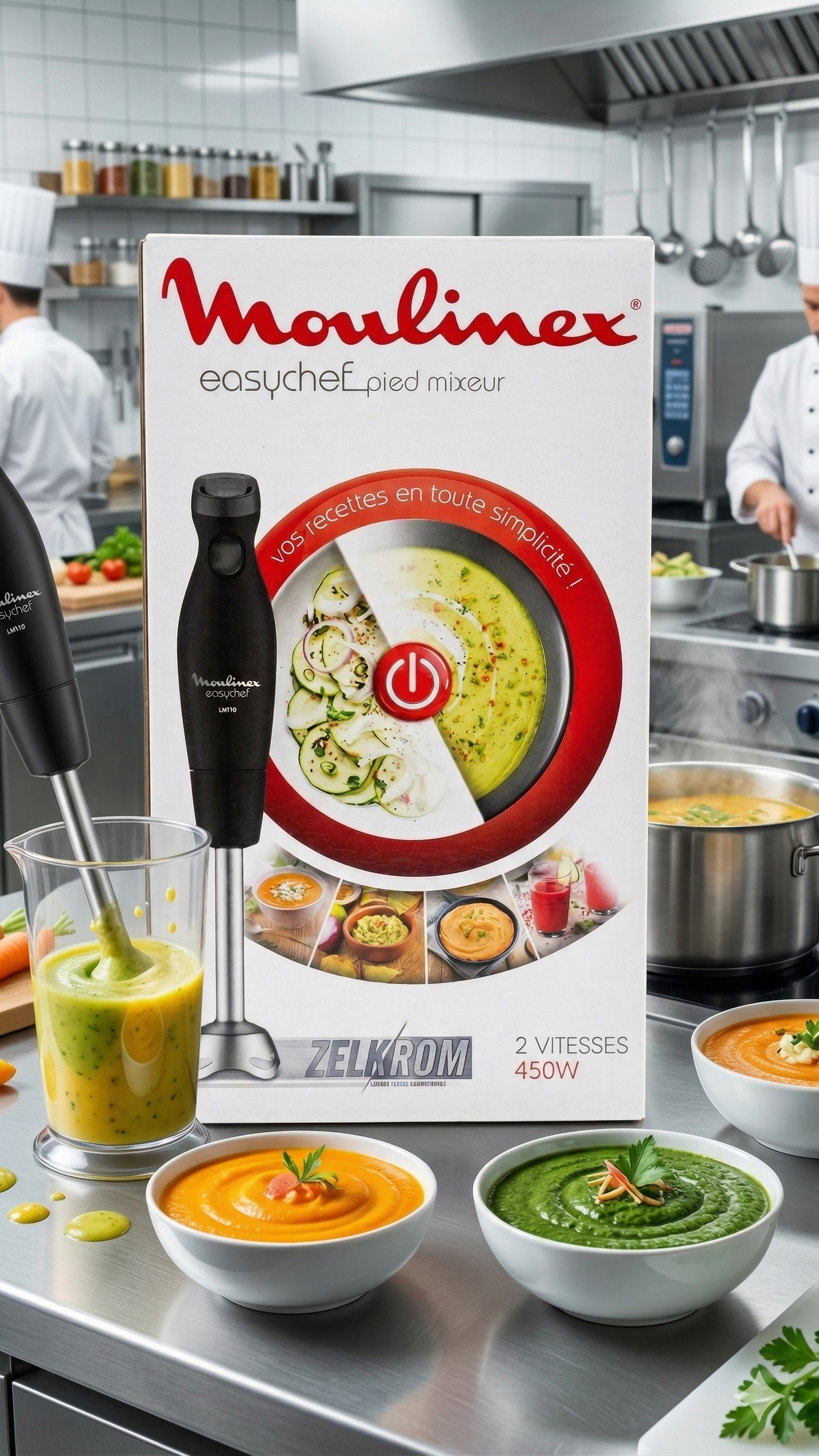 Moulinex Easychef, Pied mixeur, 2 lames inox 450 W Noir