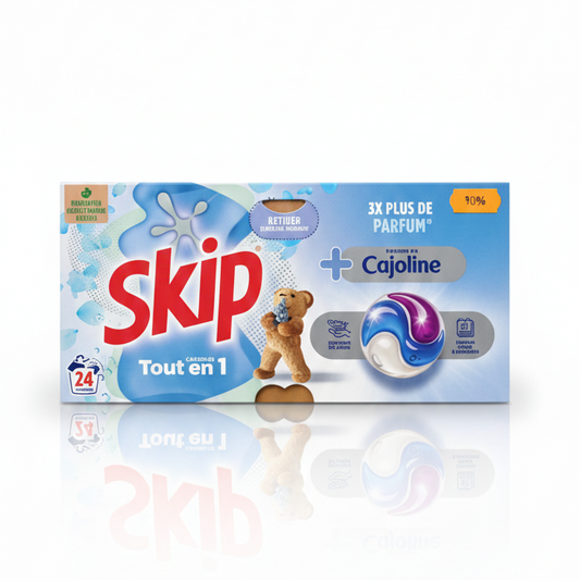 Skip Écodoses Tout-en-1 + Cajoline –  Capsules Parfum Intense (24 Lavages)
