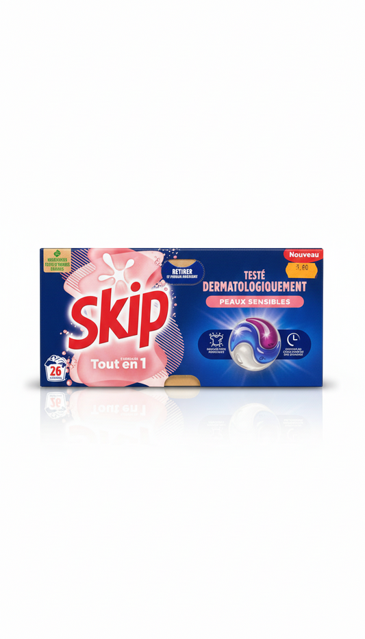Skip Écodoses Tout-en-1 Peaux Sensibles – Lessive Capsules (26 Lavages)