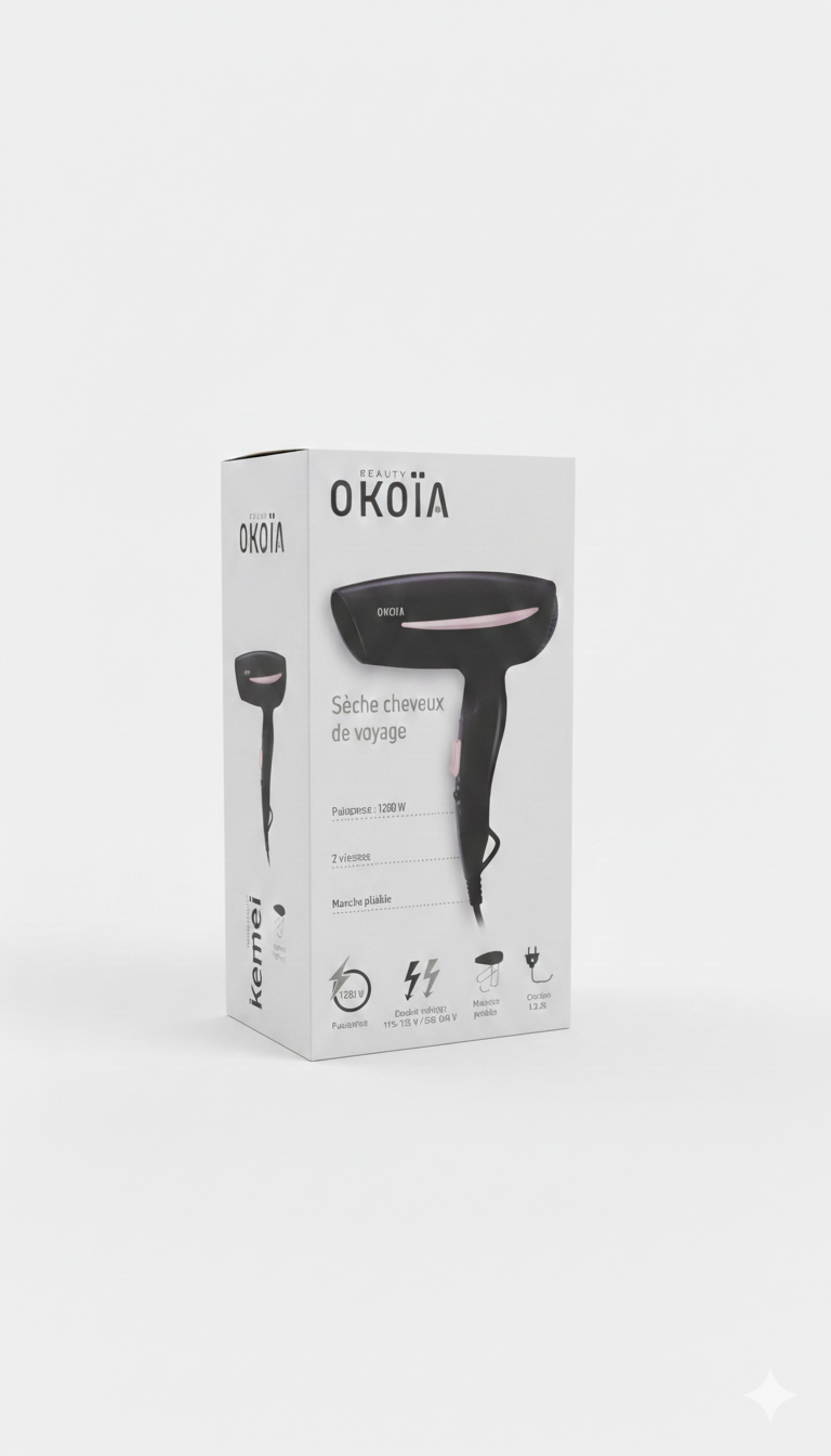 Sèche-Cheveux de Voyage OKOIA 1200W – Double Voltage