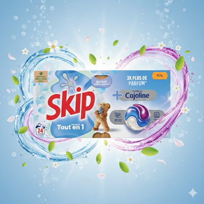 Skip Écodoses Tout-en-1 + Cajoline –  Capsules Parfum Intense (24 Lavages)