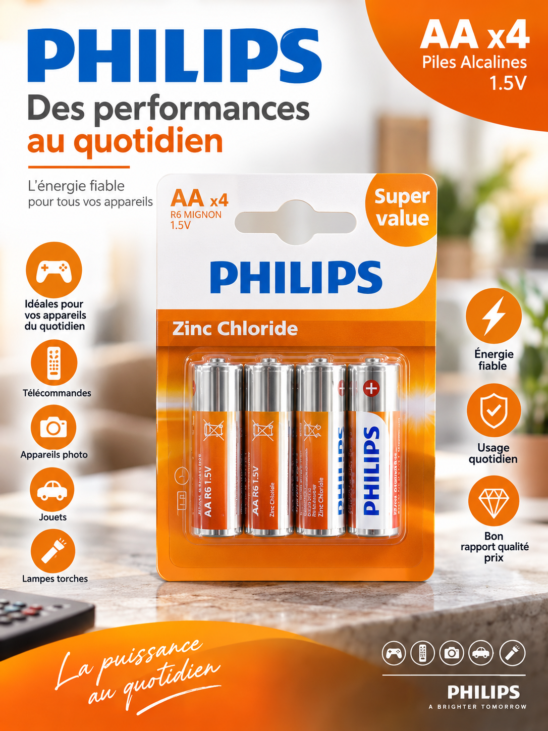 Philips Zinc Chloride AAA R03 – Piles 1,5V – Pack de 4pcs