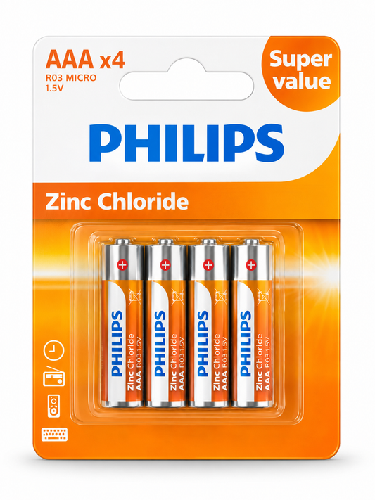 Philips Zinc Chloride AAA R03 – Piles 1,5V – Pack de 4pcs
