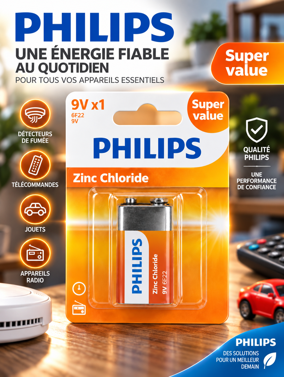 Pile Philips Zinc Chloride 9V 6F22 – 1 pcs